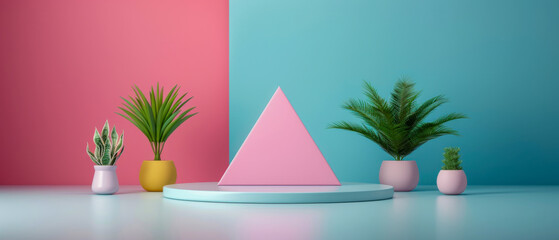 Obraz premium Minimalist Product Display With Pink Triangle And Plants