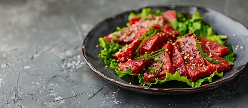 White dish with lettuce showcasing fresh, seasoned Karubi beef in Korean cuisine with copy space image.