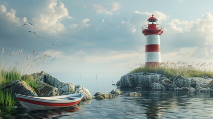 Lighthouse on a Rocky Coast with a Boat