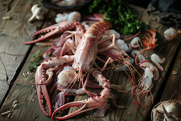 shrimp with black pepper and sea salt on a wooden table. Luxurious background for a magazine or restaurant advert.
