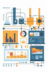 A cute cartoon Style ofA digital factory monitoring system showing real-time data