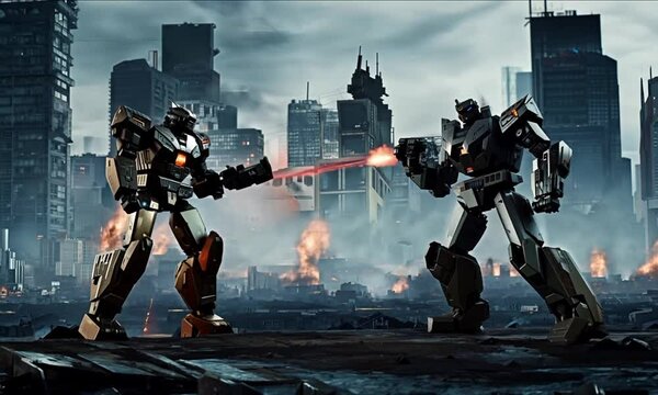 Two robots fighting with a futuristic cityscape in the background

