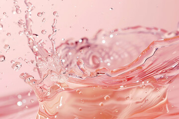 Close-up of pink rose champagne motion splash exploding in liquid, close up. Celebration toast festive rose gold pink champagne splashing wine sparkle.