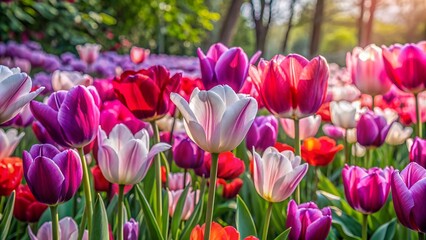 Obraz premium Symphony of Tulips Dancing in the Breeze: A Picturesque Spring Garden Scene
