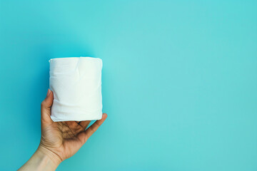 Closeup woman hand taking toilet paper from paper roll on blue color background. Crisis product lack concept.