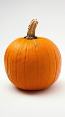 Obraz premium Large, ripe pumpkin sits on a white background, showing its vibrant orange color and textured skin. Its presence evokes feelings of autumn, harvest, and halloween festivities