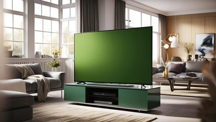 TV with green screen mounted on white wall in minimalist bedroom with low platform bed and minimal decor

