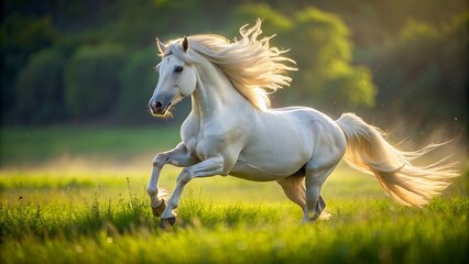 Obraz premium Magnificent White Stallion Galloping Freely in Expansive Green Pasture - Symbol of Freedom