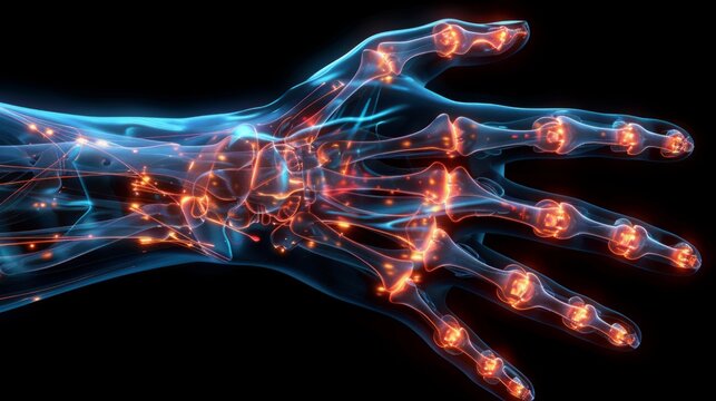 X-ray view of a human hand with nerves and veins highlighted