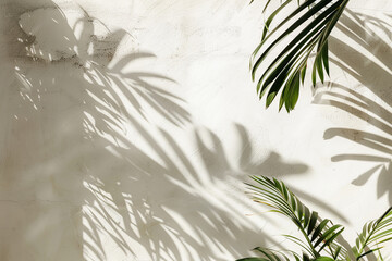 Shadow from palm leaves on beige wall background. Transparent blurry shadow of tropical leaves morning sun light. Aesthetic perspective product display.