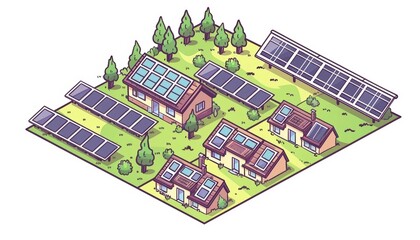 A cute cartoon Style ofAerial view of a large solar panel farm in the countryside