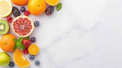 Top view, a flat lay of various fresh fruits arranged on a marble countertop, highlighting their natural colors and textures, with copy space in the center for fruit descriptions a