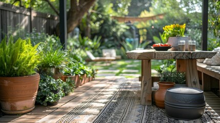 Outdoor Patio with Lush Greenery and Wooden Table