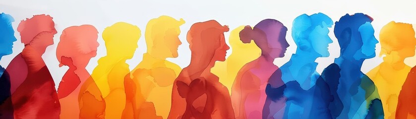 A Close-up Shot of a Abstract watercolor silhouettes of diverse people facing forward