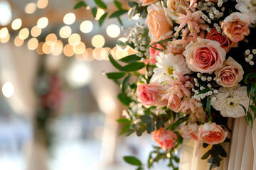 Close-up of Elegant Wedding Floral Decorations with Bokeh Lights