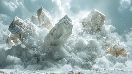 Obraz premium White stone blocks explode, sending debris flying and creating a giant dust cloud against a cloudy sky, showcasing the chaotic destruction caused by the powerful force and energy of the explosion