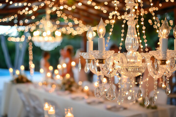 Elegant Wedding Reception Lighting with String Lights and Chandeliers