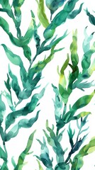 Watercolor seamless pattern with stylized seaweed algae growing up from the bottom on white background. This pattern is suitable for textile and many others