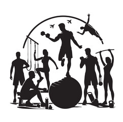 People Engaged In Fitness silhouettes vector illustration 
