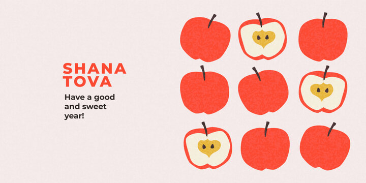 Rosh Hashana, Rosh Hashanah, Jewish New Year greeting card, cover, holiday web banner, poster. Hand drawn illustration design template with apple and pomegranate pattern in trendy modern art style