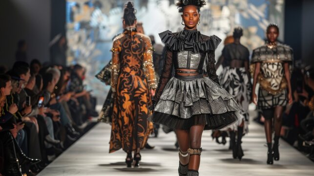 Model wears black top and ruffled skirt at fashion event