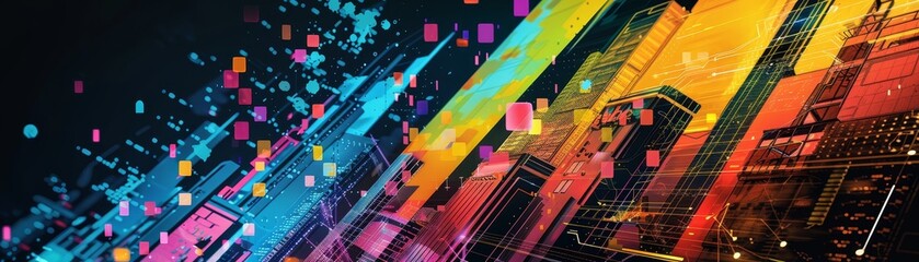 Colorful digital abstract cityscape with vibrant geometric shapes and dynamic lines, creating a futuristic and energetic urban atmosphere.