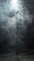 Solitary microphone on a smoky stage, lit by a bright spotlight. No audience or performers, creating a mysterious atmosphere. Perfect for music events