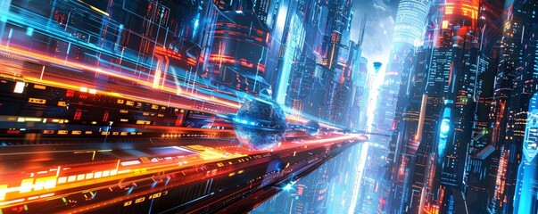Obraz premium Futuristic cityscape with advanced technology and fast-moving flying cars. Neon lights and high-rise buildings creating a cyberpunk ambiance.