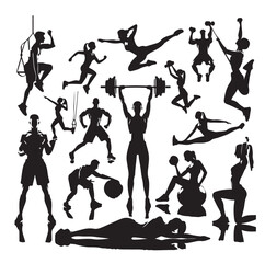 People Engaged In Fitness silhouettes vector illustration 