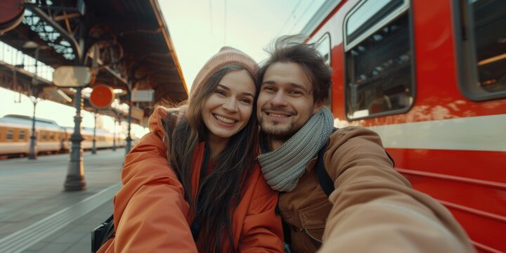 A couple capturing a moment on their journey, with the train station background