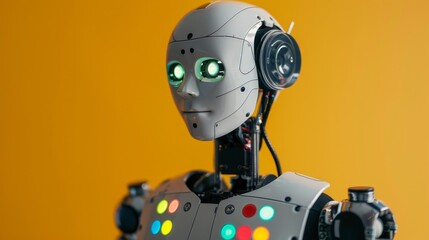 Futuristic humanoid robot with glowing green eyes against an orange background, showcasing advanced technology and robotics design.