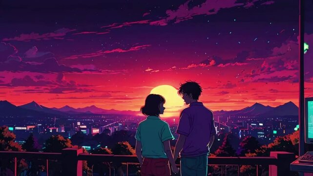 A couple watching a beautiful synthwave-inspired sunset on a hill, with a vibrant gradient sky, palm trees, 4K 2D Japanese anime Cyan purple colors manga style wallpaper animation video