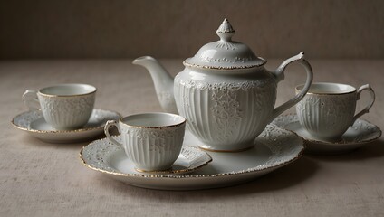 Fototapeta premium A porcelain tea set, delicate as whispers, arranged with precision on lace-trimmed linen ai_generated