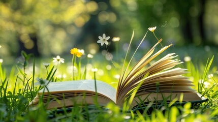 Closeup of an open book with pages fluttering in the breeze, outdoor setting in a garden, green grass and flowers in the background, tranquil and serene, copy space