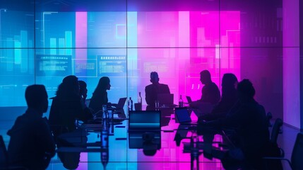 Silhouetted team in a modern office with colorful digital screens, engaging in a collaborative meeting or brainstorming session.