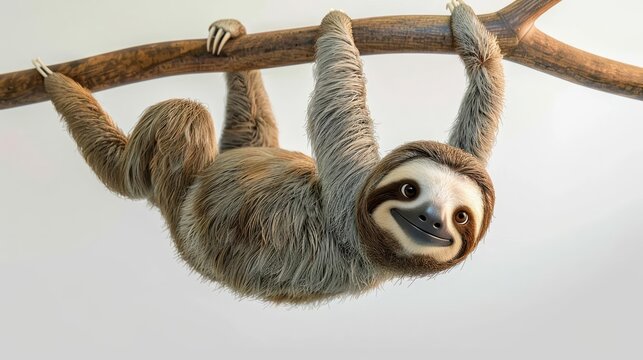A cute cartoon sloth hanging from a branch, 2D animation, white background