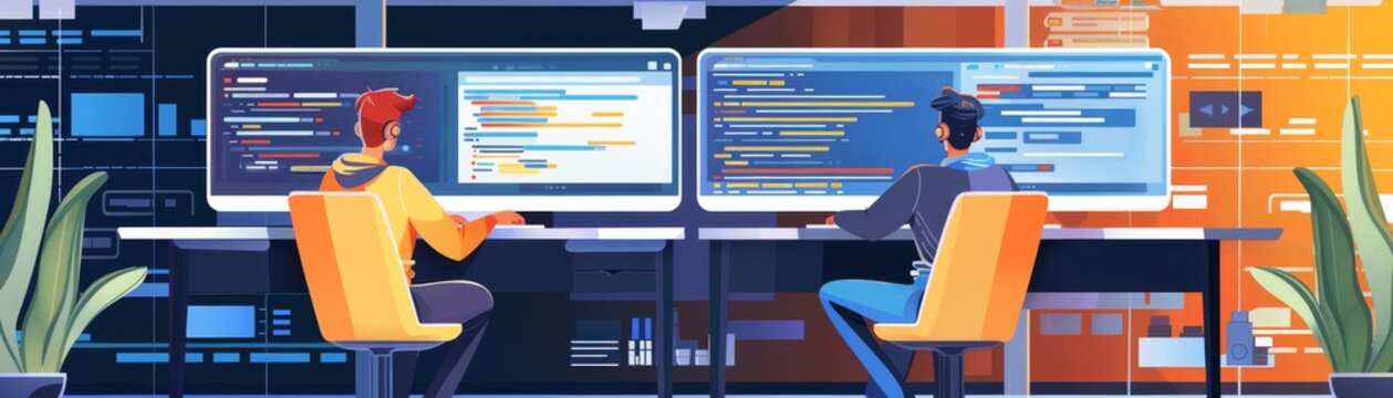 Two software developers collaborating on code at their workstations with multiple screens in a modern tech environment, surrounded by plants.
