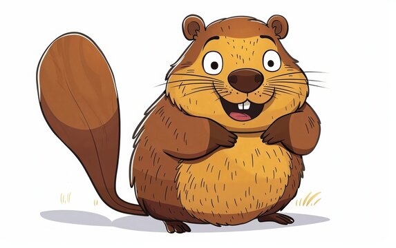 A friendly cartoon beaver with a big tail, 2D animation, white background