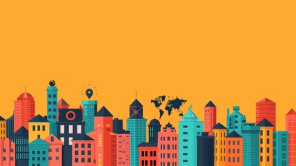 Obraz premium Illustration of a colorful urban cityscape featuring various buildings and global icons against a vibrant orange background.