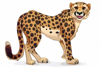 A smiling cartoon cheetah with spots, 2D animation, white background