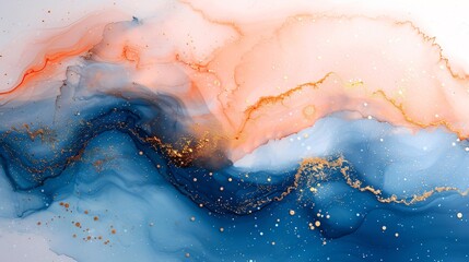 Fototapeta premium Marble abstract art with fluid alcohol ink in shades of navy and copper enhanced by specks of gold dust for a dynamic visual