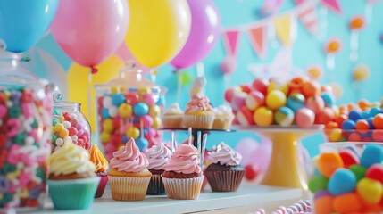 Birthday party candy buffet with an array of sweets, cupcakes, and candy jars, balloons and streamers in the background, vibrant and joyful celebration, copy space