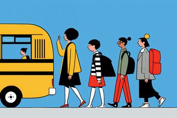 Students Boarding a Yellow School Bus for a New Day of Learning. Generative AI