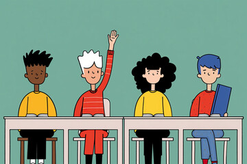 Diverse Students in a Classroom Setting, One Student Raises Hand. Generative AI