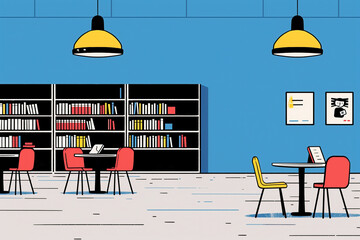 Colorful Classroom Illustration With Bookshelves and Tables. Generative AI