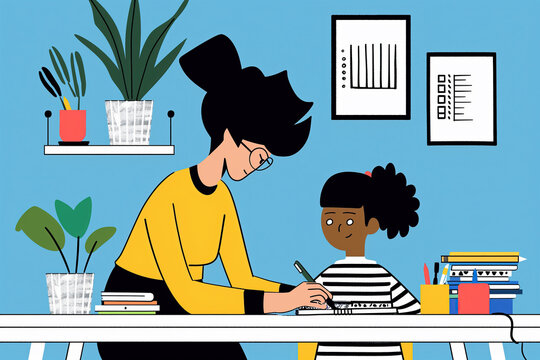 Teacher Helping Student Complete Homework in Classroom. Generative AI