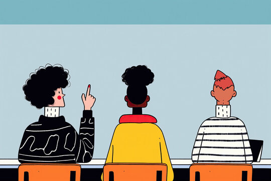 Students Sitting In A Classroom With One Raising Their Hand. Generative AI