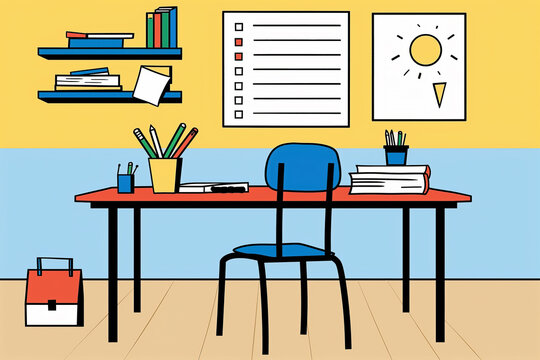 Empty Classroom Desk With Blue Chair and Backpack. Generative AI