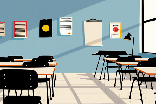 Empty Classroom With Desks and Posters Ready for Students. Generative AI