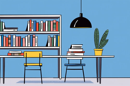 Classroom Interior With Desk, Bookshelf, and Plants. Generative AI